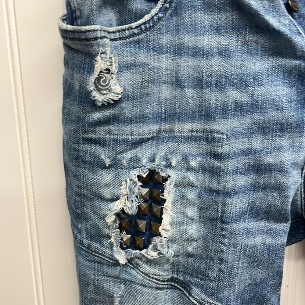 True Religion Jeans Men 31 Blue Rocco Biker Relaxed‎ Skinny Distressed Studded